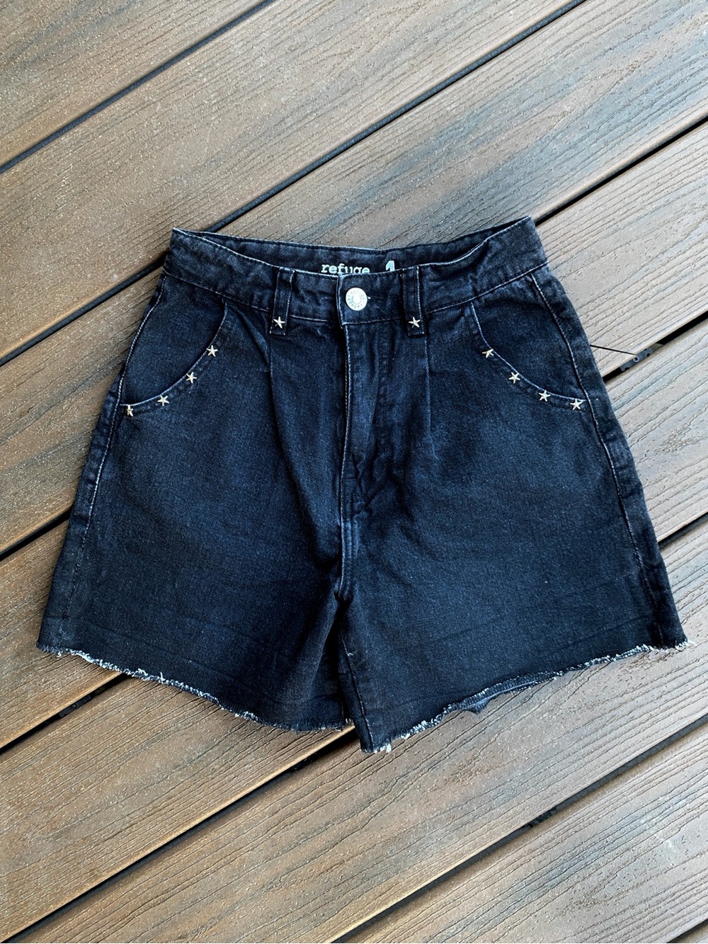 refuge Black western High-Waist Denim Shorts with Star stud Detail